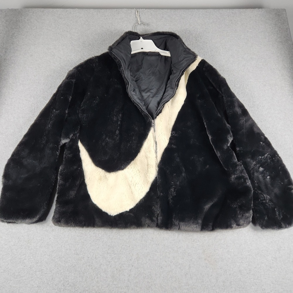 Nike Sportswear NSW Jacket Women XL Black Faux Fur Plush Oversized Logo Full Zip